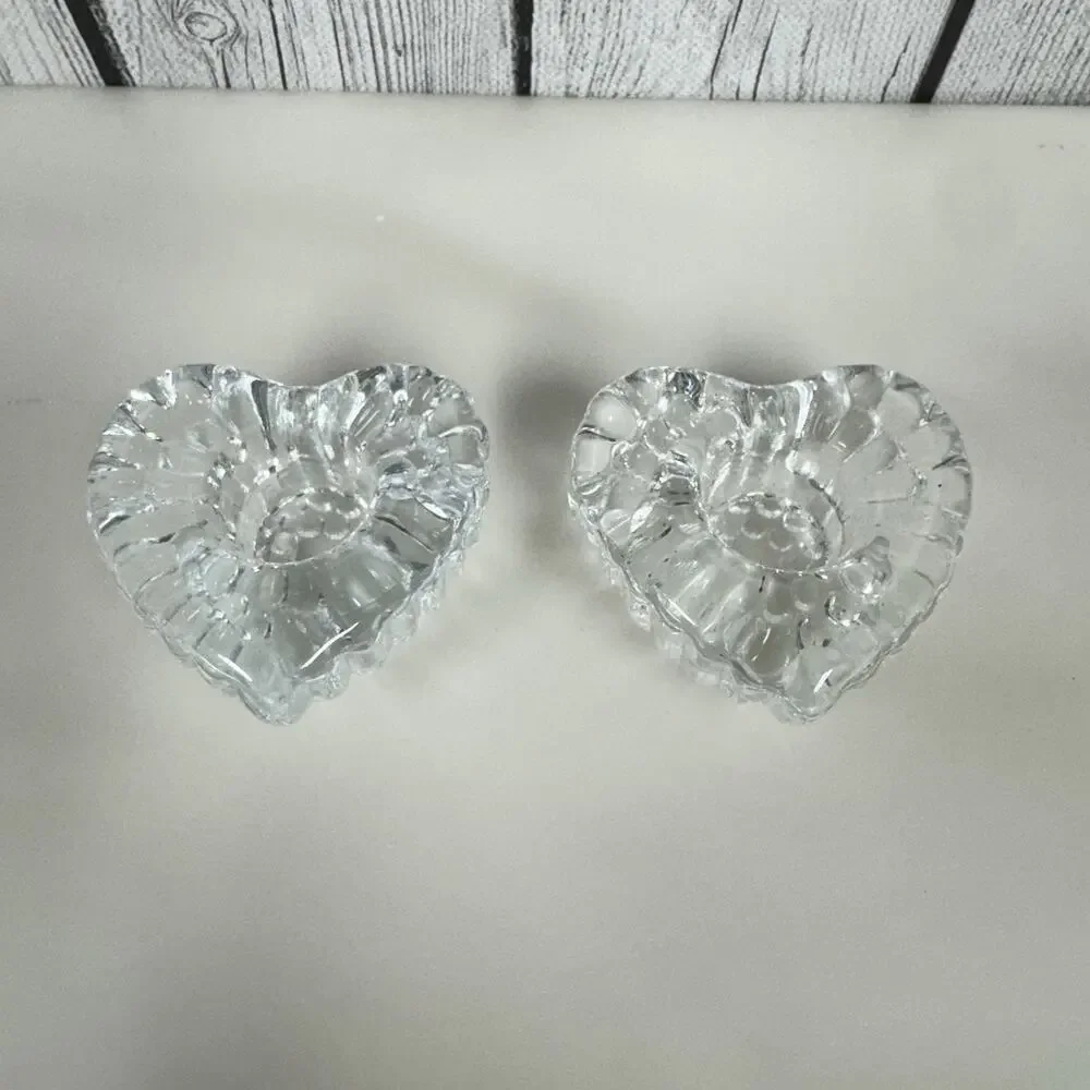 Pair of Heart Shaped Clear Glass Fluted Candle Stick Holders Vintage